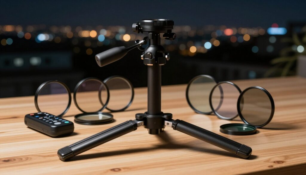 A beautifully arranged collection of long exposure photography accessories, including a sturdy tripod with precision adjustments, a remote shutter release, and various neutral density filters, all set on a clean wooden surface. In the foreground, the tripod's legs are spread wide, showcasing its stability. In the middle ground, a selection of filters glistens in soft ambient light, demonstrating their varied opacities. The background softly features a blurred nightscape of city lights, creating a bokeh effect that implies low-light conditions. Soft, diffused lighting casts gentle shadows, enhancing the detailed textures of the equipment. The atmosphere is serene and focused, inviting viewers to appreciate the essentials for capturing stunning long exposure shots in low-light scenarios.