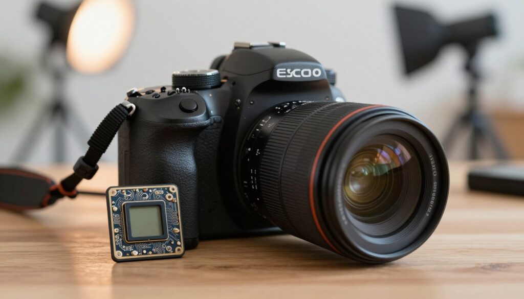 A close-up of a DSLR camera lying on a wooden table, prominently featuring a smaller sensor beside it to highlight size comparison. In the foreground, the camera lens glints under soft, natural lighting that creates subtle reflections. The midsection showcases the smaller sensor, with detailed engravings and circuitry visible, emphasizing its compact design. In the background, a blurred photography studio environment, with soft bokeh effects from warm lights and photography gear, suggests a creative workspace. The atmosphere feels inviting and professional, reflecting the practicality of smaller sensors in today's photography. A close-up of a DSLR camera lying on a wooden table, prominently featuring a smaller sensor beside it to highlight size comparison. In the foreground, the camera lens glints under soft, natural lighting that creates subtle reflections. The midsection showcases the smaller sensor, with detailed engravings and circuitry visible, emphasizing its compact design. In the background, a blurred photography studio environment, with soft bokeh effects from warm lights and photography gear, suggests a creative workspace. The atmosphere feels inviting and professional, reflecting the practicality of smaller sensors in today's photography.