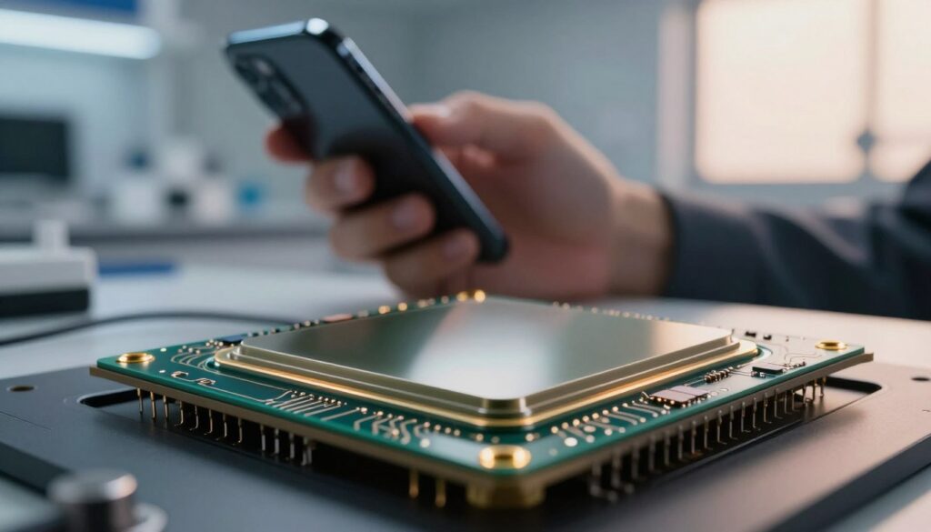 A close-up of a high-tech back-illuminated sensor, showcasing its intricate circuitry and photosensitive layers, placed prominently in the foreground. The sensor is illuminated by soft LED light, highlighting its reflective surface and enhancing the sense of advanced optics. In the middle ground, a blurred hand holds a smartphone, emphasizing the integration of BSI technology in everyday devices. The background features a sleek, modern laboratory setting with cool tones and a hint of warm light seeping through a nearby window, creating a blend of innovation and scientific curiosity. The overall mood is one of technological sophistication and clarity, inviting viewers to appreciate the improvements in light capture offered by back-illuminated sensors.