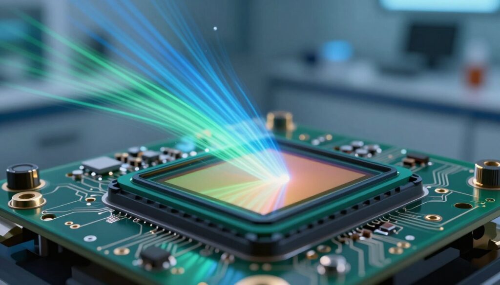 A close-up of advanced global shutter technology in a camera sensor, showcasing its intricate circuitry and pixel layout in vivid detail. In the foreground, highlight the glossy surface of the sensor with a light reflection glimmering off it, accentuating the technology's modernity. In the middle ground, include abstract representations of light beams entering the sensor, illustrating the simultaneous exposure capabilities of the global shutter, with dynamic light rays and a blend of blue and green hues to convey advanced technology. The background should fade softly into a high-tech lab environment, illuminated by soft, cool lighting that suggests innovation and cleanliness. Capture the mood of precision engineering and emphasize the concept of capturing motion without distortion, evoking a sense of forward-looking technology in sensor design. A close-up of advanced global shutter technology in a camera sensor, showcasing its intricate circuitry and pixel layout in vivid detail. In the foreground, highlight the glossy surface of the sensor with a light reflection glimmering off it, accentuating the technology's modernity. In the middle ground, include abstract representations of light beams entering the sensor, illustrating the simultaneous exposure capabilities of the global shutter, with dynamic light rays and a blend of blue and green hues to convey advanced technology. The background should fade softly into a high-tech lab environment, illuminated by soft, cool lighting that suggests innovation and cleanliness. Capture the mood of precision engineering and emphasize the concept of capturing motion without distortion, evoking a sense of forward-looking technology in sensor design.