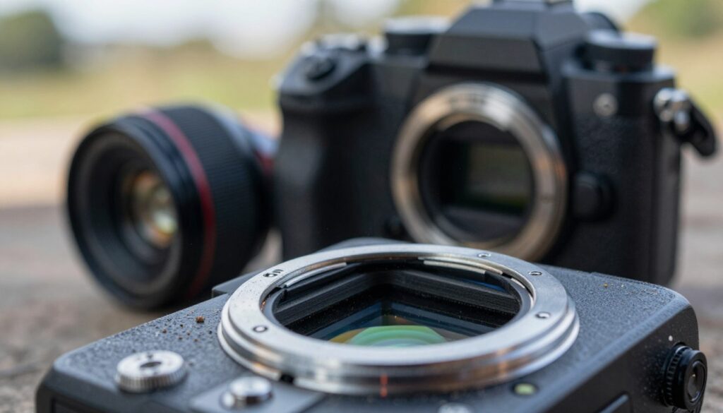 A close-up view of a camera sensor positioned prominently in the foreground, showing minute particles of dust and debris illuminated by soft, diffused lighting. The sensor is depicted with intricate details, including metallic edges and a slight sheen, emphasizing its sensitivity. In the middle ground, a camera body lies open, revealing the mount, with a soft-focus lens resting beside it to indicate lens change. The background features a blurred out scene of a travel setting, like an outdoor environment with subtle hints of nature, creating a serene ambiance. The overall mood is focused and professional, conveying a sense of importance in maintaining equipment during travel. The angle captures a dynamic perspective, highlighting the sensor in a meticulously clean environment, reflecting best practices in camera care.
