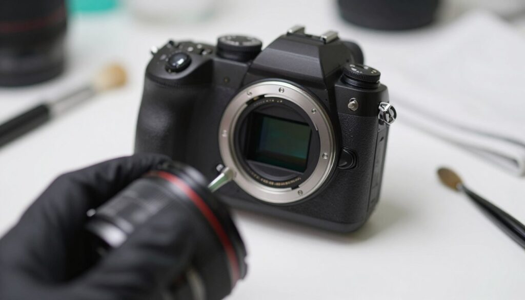 A close-up view of a clean camera sensor being inspected, with a soft-focus on the intricate details of the sensor grid. The foreground features a gloved hand holding a camera lens, positioned carefully as if about to attach it to the camera body. The middle layer showcases the camera body itself resting on a clean, bright work surface, illuminated by soft, diffused lighting that highlights the sensor's pristine surface. The background is softly blurred, suggesting a tidy work environment with camera cleaning tools subtly placed, such as a brush and a microfiber cloth. The overall atmosphere is calm and professional, conveying meticulous care in camera maintenance, emphasizing safety and precision in handling delicate equipment.