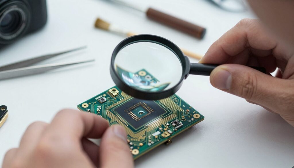 A close-up view of a digital camera sensor, showcasing intricate circuitry and micro-lenses. In the foreground, a technician's hands in professional attire are carefully examining the sensor under soft, diffused white light. The middle ground features a magnifying glass revealing details of dead and hot pixels, with a slight focus effect to emphasize the examination process. In the background, blurred tools such as tweezers and a cleaning brush provide context, while the overall atmosphere is clinical and focused, evoking a sense of precision and detail-oriented work. The composition captures the essence of identifying defects, highlighting the importance of careful inspection in camera maintenance.