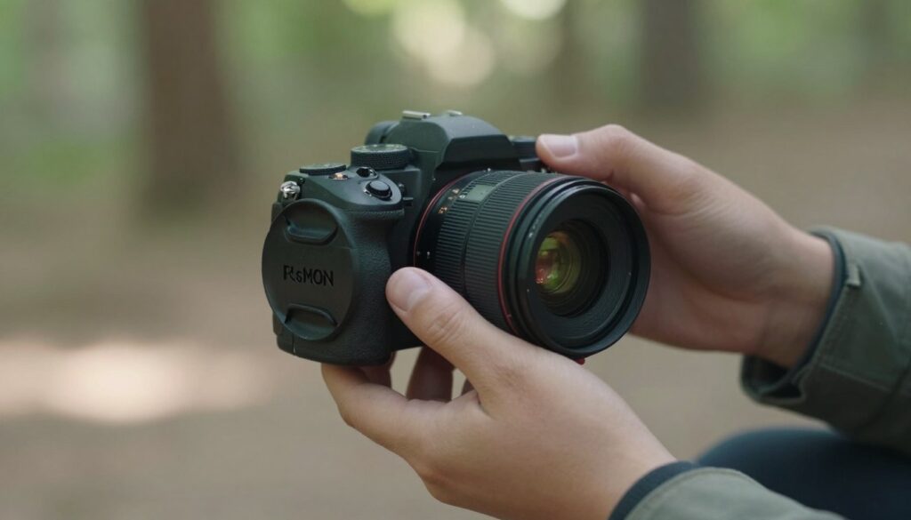 A close-up view of a professional photographer carefully changing a lens on a high-end digital camera, emphasizing the protective measures taken to shield the camera sensor. In the foreground, focus on the photographer's steady hands, wearing modest casual clothes, positioned delicately around the camera's body and lens. In the middle ground, the camera, featuring a protective filter and lens cap, is partially detached, showcasing the meticulously clean sensor area. The background reveals an outdoor travel setting, soft natural lighting filtering through trees, creating a serene atmosphere. The scene captures a sense of carefulness and professionalism, highlighting the importance of preserving camera equipment during travel.
