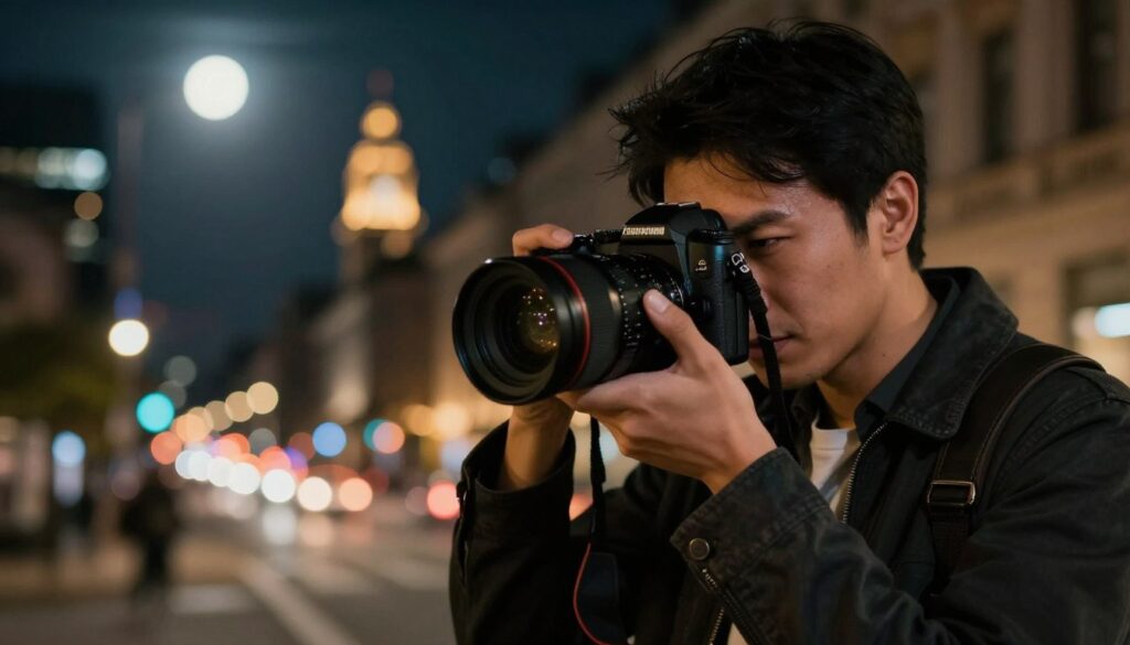 A close-up view of a professional photographer in a dimly lit urban setting, skillfully capturing night scenes with a high-performance camera equipped with a large sensor known for exceptional low-light capabilities. The foreground features the photographer, dressed in smart casual attire, focused intently on the camera's settings. In the middle ground, softly blurred city lights twinkle against a dark sky, showcasing vibrant colors and bokeh effects. The background reveals iconic city architecture, illuminated subtly, enhancing the nighttime ambiance. Soft, diffused moonlight compliments the scene, creating a warm yet dramatic atmosphere. The image emphasizes the magic of low-light photography while highlighting the recommended camera brands for achieving stunning results.