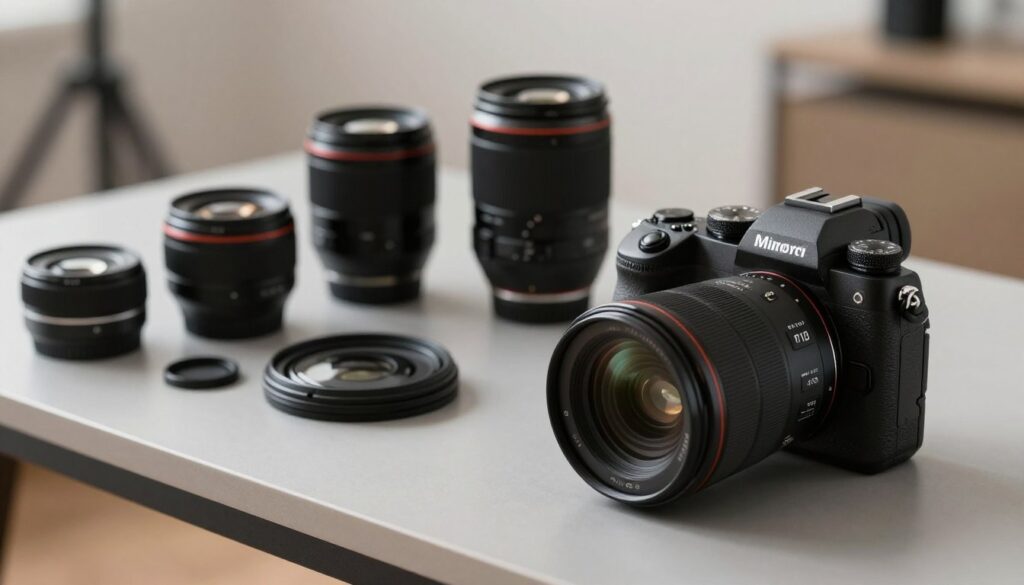 A detailed, close-up composition of high-end mirrorless cameras arranged on a sleek table. In the foreground, highlight a modern mirrorless camera with interchangeable lenses, showcasing its compact design and advanced controls. In the middle ground, place several accessories like a lens cleaning kit and a variety of lenses, emphasizing the versatility of the system. The background should softly blur but feature a minimalistic photography studio setting with soft, diffused lighting casting gentle shadows, creating an inviting atmosphere. Use a shallow depth of field to focus on the cameras, capturing intricate details like texture and finish, while maintaining a professional, clean aesthetic suitable for an article on modern photography equipment. The overall mood should be sophisticated yet accessible, appealing to photography enthusiasts. A detailed, close-up composition of high-end mirrorless cameras arranged on a sleek table. In the foreground, highlight a modern mirrorless camera with interchangeable lenses, showcasing its compact design and advanced controls. In the middle ground, place several accessories like a lens cleaning kit and a variety of lenses, emphasizing the versatility of the system. The background should softly blur but feature a minimalistic photography studio setting with soft, diffused lighting casting gentle shadows, creating an inviting atmosphere. Use a shallow depth of field to focus on the cameras, capturing intricate details like texture and finish, while maintaining a professional, clean aesthetic suitable for an article on modern photography equipment. The overall mood should be sophisticated yet accessible, appealing to photography enthusiasts.