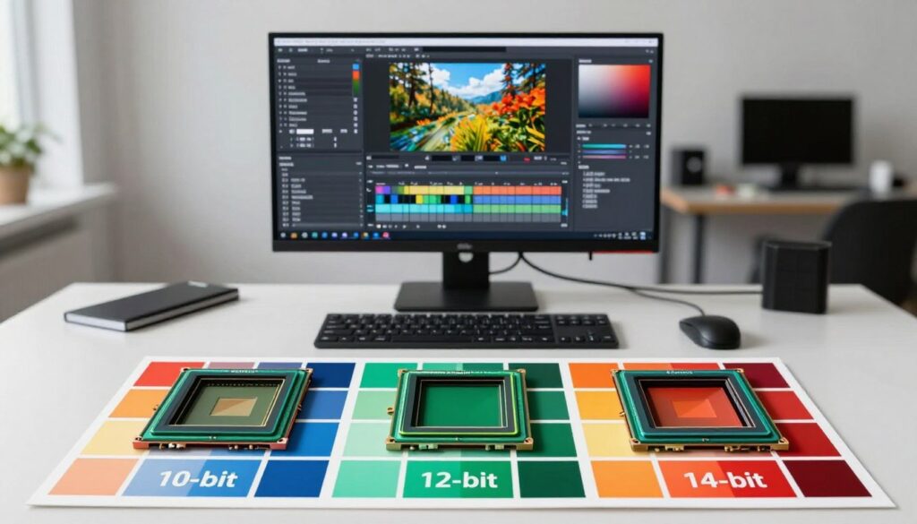 A dynamic and professional workspace showcasing a comparison of image quality across different RAW sensor formats. In the foreground, display three camera sensors labeled "10-bit," "12-bit," and "14-bit" surrounded by vivid, high-resolution color swatches illustrating their color depth. In the middle ground, create a sleek editing workstation with a high-end monitor displaying vibrant images, emphasizing the balance between file size and image quality. Ensure soft, natural lighting highlights the workstation, and include a shallow depth of field to draw attention to the sensors and swatches. The background should be a clean, modern studio environment with subtle hints of technology, creating an atmosphere of professionalism and innovation. A dynamic and professional workspace showcasing a comparison of image quality across different RAW sensor formats. In the foreground, display three camera sensors labeled "10-bit," "12-bit," and "14-bit" surrounded by vivid, high-resolution color swatches illustrating their color depth. In the middle ground, create a sleek editing workstation with a high-end monitor displaying vibrant images, emphasizing the balance between file size and image quality. Ensure soft, natural lighting highlights the workstation, and include a shallow depth of field to draw attention to the sensors and swatches. The background should be a clean, modern studio environment with subtle hints of technology, creating an atmosphere of professionalism and innovation.