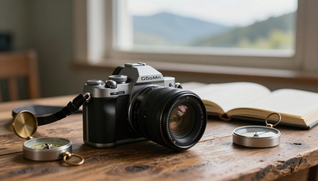 A dynamic composition featuring a sleek Micro Four Thirds camera resting on a rustic wooden table, with an open travel journal and a compass nearby, evoking a sense of adventure. The camera should be positioned in the foreground, displaying its compact design and intricate details, with a 25mm lens attached. In the middle ground, soft natural light filters through a window, casting gentle shadows and creating a serene atmosphere. In the background, a blurred landscape of mountains and skies is visible, hinting at travel destinations. The mood is one of spontaneity and exploration, emphasizing the joy of capturing unexpected moments in travel photography. The scene should be well-composed, focusing on the camera as a tool for discovering life's fleeting instances. A dynamic composition featuring a sleek Micro Four Thirds camera resting on a rustic wooden table, with an open travel journal and a compass nearby, evoking a sense of adventure. The camera should be positioned in the foreground, displaying its compact design and intricate details, with a 25mm lens attached. In the middle ground, soft natural light filters through a window, casting gentle shadows and creating a serene atmosphere. In the background, a blurred landscape of mountains and skies is visible, hinting at travel destinations. The mood is one of spontaneity and exploration, emphasizing the joy of capturing unexpected moments in travel photography. The scene should be well-composed, focusing on the camera as a tool for discovering life's fleeting instances.