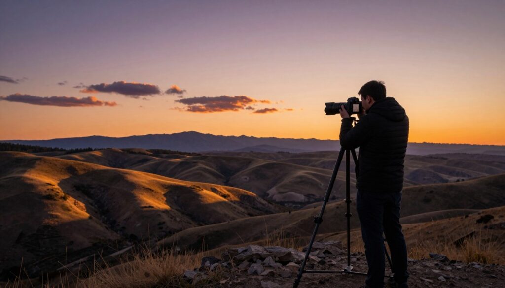 A high dynamic range metering scene depicting a professional photographer capturing a breathtaking landscape at sunset. In the foreground, a sturdy tripod with a DSLR camera mounted on it, with the photographer focused on the viewfinder, showcasing a slight silhouette. In the middle ground, rolling hills and rugged terrain illuminated by warm golden hour light, transitioning into deep shadows in the valleys. The sky is a gradient of vibrant oranges and soft purples, with scattered clouds catching the light. In the background, distant mountains create a silhouette against the colorful sky. The mood is serene and contemplative, capturing the essence of photographing high contrast scenes. Use a wide-angle lens perspective to emphasize depth and detail, with soft natural lighting highlighting the various textures.