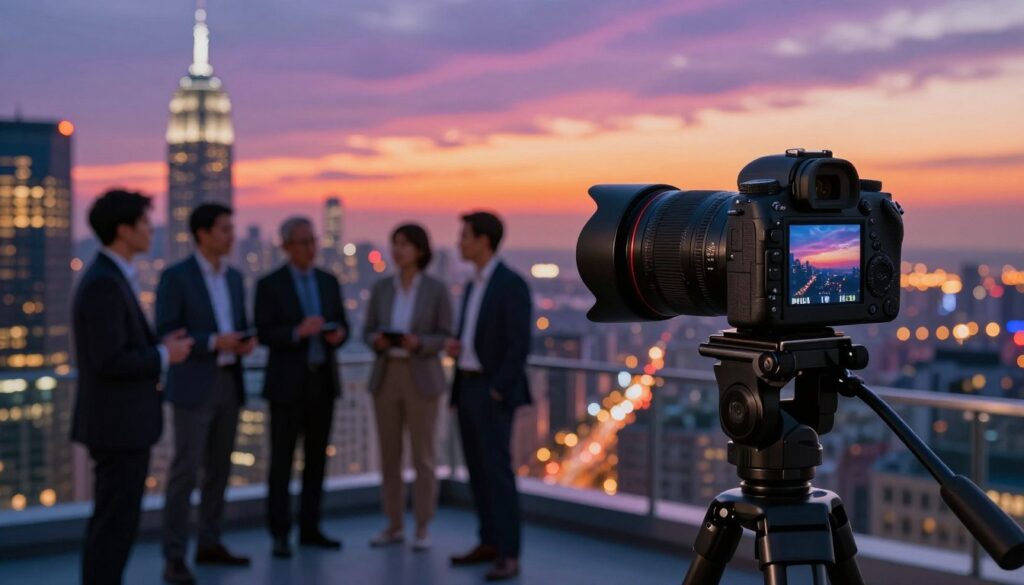 A high dynamic range scene showcasing cutting-edge camera sensor technology in a professional setting. In the foreground, a sleek modern digital camera on a tripod captures a vibrant cityscape at dusk, with intricate detail in both the bright city lights and the deep shadows of nearby buildings. In the middle ground, a diverse group of professionals in business attire observes the capture, engaged in animated discussion about image quality and sensor capabilities. The background features a breathtaking skyline illuminated by a colorful sunset, blending hues of orange, pink, and purple with darker silhouettes. Soft, dynamic lighting enhances the depth of field, creating an inviting and innovative atmosphere that emphasizes the theme of advanced technology in photography.