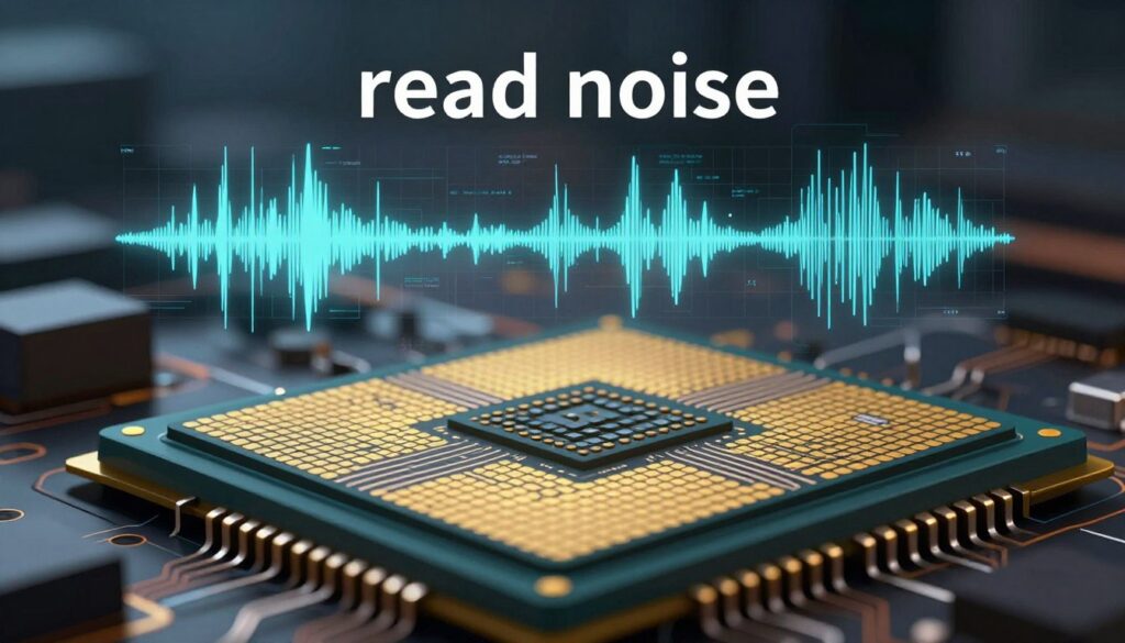 A high-tech digital illustration representing the concept of "read noise" in imaging sensors. In the foreground, display a close-up view of a sensor chip with pixel structures highlighted, emphasizing their arrangement and electronic pathways. The middle layer features a digital overlay showcasing waveform patterns and noise artifacts, subtly indicating variations in signal quality. The background should depict a blurred imaging environment with faint outlines of everyday objects, suggesting realistic scenes prone to read noise artifacts. Use soft lighting to create a high-contrast effect, highlighting the intricate details of the sensor while maintaining a technical and analytical atmosphere. The composition should convey a sense of innovation in modern imaging technology, inviting curiosity about sensor performance differences. A high-tech digital illustration representing the concept of "read noise" in imaging sensors. In the foreground, display a close-up view of a sensor chip with pixel structures highlighted, emphasizing their arrangement and electronic pathways. The middle layer features a digital overlay showcasing waveform patterns and noise artifacts, subtly indicating variations in signal quality. The background should depict a blurred imaging environment with faint outlines of everyday objects, suggesting realistic scenes prone to read noise artifacts. Use soft lighting to create a high-contrast effect, highlighting the intricate details of the sensor while maintaining a technical and analytical atmosphere. The composition should convey a sense of innovation in modern imaging technology, inviting curiosity about sensor performance differences.