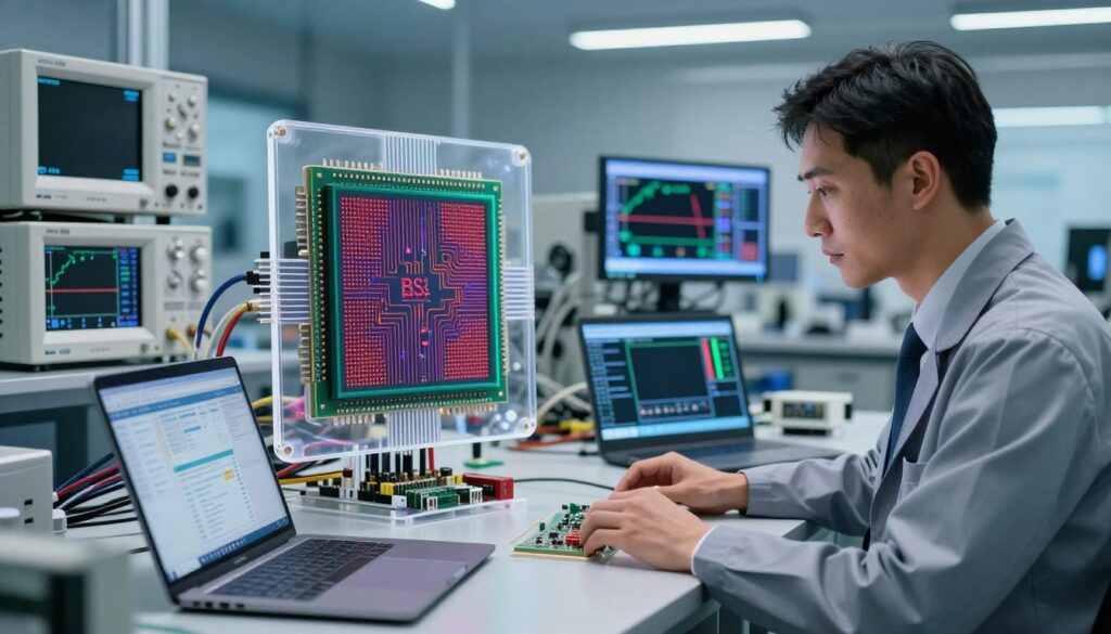 A highly detailed and technical scene illustrating the concept of managing noise in sensor technology. In the foreground, a professional engineer in business attire examines a transparent sensor chip on a workstation, analyzing data on a laptop. In the middle ground, a close-up of a BSI sensor is depicted, showcasing its intricate design and circuitry, with visible noise patterns represented graphically. In the background, a well-lit laboratory filled with advanced equipment, oscilloscopes, and monitors displaying performance metrics creates a high-tech atmosphere. The lighting is bright and focused, emphasizing clarity and precision. The overall mood is one of innovation and professionalism, capturing the essence of advanced imaging technology.