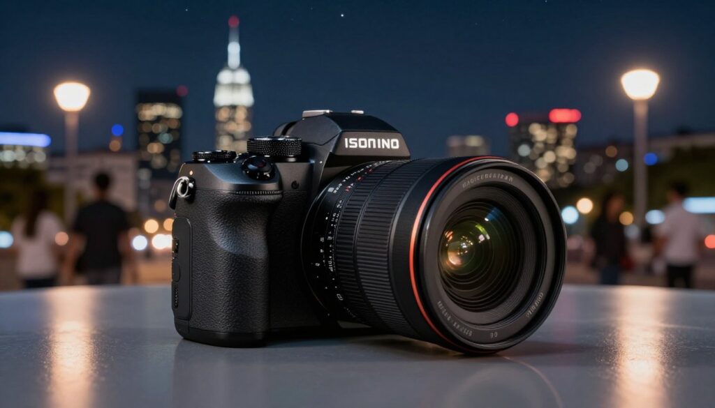 A sleek, modern ISO invariant camera prominently displayed in the foreground, resting on a smooth, reflective surface. The camera features an intricate, detailed lens system illuminated by soft, focused LED lighting, revealing its advanced technological components. In the middle ground, a night photography scene unfolds, showcasing a city skyline sparkling with lights, under a clear starry sky. The background captures soft, glowing street lamps and blurred movement of people enjoying the night, adding a sense of life to the atmosphere. The overall mood is serene yet dynamic, embodying the essence of night photography. Ensure the camera is the focal point, with no visible text, logos, or distractions, conveying professionalism and innovation in photography. A sleek, modern ISO invariant camera prominently displayed in the foreground, resting on a smooth, reflective surface. The camera features an intricate, detailed lens system illuminated by soft, focused LED lighting, revealing its advanced technological components. In the middle ground, a night photography scene unfolds, showcasing a city skyline sparkling with lights, under a clear starry sky. The background captures soft, glowing street lamps and blurred movement of people enjoying the night, adding a sense of life to the atmosphere. The overall mood is serene yet dynamic, embodying the essence of night photography. Ensure the camera is the focal point, with no visible text, logos, or distractions, conveying professionalism and innovation in photography.