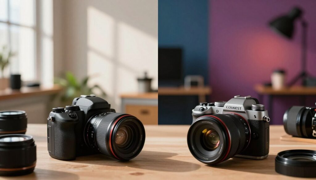 A split-screen image showcasing two cameras—one with a full-frame sensor and the other with an APS-C sensor—on a table surrounded by photography gear. In the foreground, focus on the cameras positioned with their lenses aimed slightly upward, highlighting their bodies and lens types. The middle section features a scene with varied lighting: a bright window casting soft sunlight, contrasted with the shadowed areas of a creatively cluttered studio. In the background, a gradation of lit and shadowy spaces demonstrates dynamic range, with vibrant colors in the light and rich textures in the shadows. The atmosphere should feel warm and inviting, suggesting a productive photography environment, with an emphasis on evaluating their performance in diverse lighting conditions.