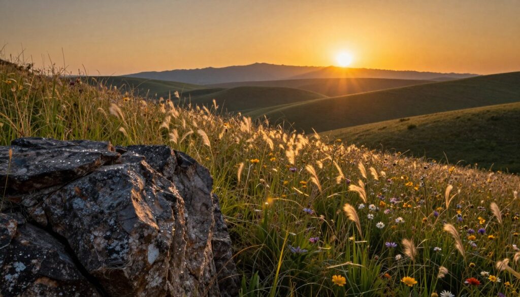 A striking landscape captured with micro four thirds equipment, featuring a vibrant sunset over rolling hills. In the foreground, a rugged rocky outcrop glistens with dewdrops, emphasizing rich textures and details. The middle ground showcases a vast field of wildflowers swaying gently in a soft breeze, while the background reveals a silhouette of distant mountains under a golden sky. The scene is lit with warm, golden-hour lighting, creating a harmonious blend of shadows and highlights. The image should exhibit sharp details and vivid colors typical of micro four thirds quality, highlighting its capabilities in dynamic range. The atmosphere exudes tranquility and inspiration, inviting viewers to appreciate the subtle intricacies of a well-crafted photograph. A striking landscape captured with micro four thirds equipment, featuring a vibrant sunset over rolling hills. In the foreground, a rugged rocky outcrop glistens with dewdrops, emphasizing rich textures and details. The middle ground showcases a vast field of wildflowers swaying gently in a soft breeze, while the background reveals a silhouette of distant mountains under a golden sky. The scene is lit with warm, golden-hour lighting, creating a harmonious blend of shadows and highlights. The image should exhibit sharp details and vivid colors typical of micro four thirds quality, highlighting its capabilities in dynamic range. The atmosphere exudes tranquility and inspiration, inviting viewers to appreciate the subtle intricacies of a well-crafted photograph.