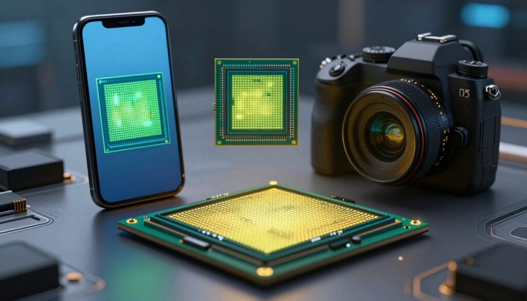 A visually engaging illustration focusing on the concept of pixel binning as used in smartphones and mirrorless cameras. In the foreground, display a stylized camera sensor grid, showcasing how individual pixels can be grouped into larger units for improved light capture. In the middle ground, integrate images of a smartphone and a mirrorless camera, emphasizing their sensors with bright, detailed close-ups demonstrating pixel binning. The background should be softly blurred to suggest a tech-inspired environment, utilizing cool tones of blue and gray. Warm lighting should illuminate the sensors, highlighting the process and making the pixels appear vibrant and dynamic. The overall mood should evoke curiosity and a sense of technological advancement, inviting viewers to explore the benefits of pixel binning.