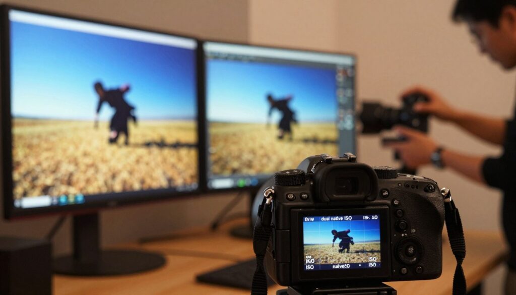 A visually striking representation of "dual native ISO" in a photography studio setting. In the foreground, a high-end camera is prominently displayed, showcasing its dual ISO settings on a sleek digital screen. The middle layer depicts vibrant, well-lit images displayed on professional monitors, illustrating the difference between low and high ISO performance. A soft gradient light gently illuminates the scene, emphasizing clarity and detail in both images. The background features a blurred view of a photographer adjusting settings, highlighting a warm mood of creativity and technical precision. The atmosphere is focused and inspiring, perfect for a photography environment, devoid of any distractions or text. A visually striking representation of "dual native ISO" in a photography studio setting. In the foreground, a high-end camera is prominently displayed, showcasing its dual ISO settings on a sleek digital screen. The middle layer depicts vibrant, well-lit images displayed on professional monitors, illustrating the difference between low and high ISO performance. A soft gradient light gently illuminates the scene, emphasizing clarity and detail in both images. The background features a blurred view of a photographer adjusting settings, highlighting a warm mood of creativity and technical precision. The atmosphere is focused and inspiring, perfect for a photography environment, devoid of any distractions or text.