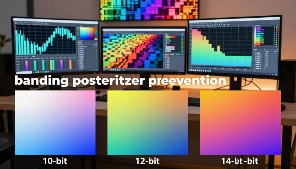 A vivid illustration of "banding posterization prevention" showcasing a comparison of 10-bit, 12-bit, and 14-bit color depth. In the foreground, a close-up of three color gradients displaying smooth transitions without banding, each gradient labeled subtly with its bit depth. The middle ground features a digital workspace, with a high-resolution monitor displaying detailed histograms and color palettes, illuminated by soft, warm lighting. In the background, an abstract representation of pixel data flows in a dynamic pattern, emphasizing complex color transitions. The atmosphere is professional, emphasizing the importance of higher bit depths in photography, with a focus on clarity and precision. The image should be bright, inviting, and informative, without any overlays or text. A vivid illustration of "banding posterization prevention" showcasing a comparison of 10-bit, 12-bit, and 14-bit color depth. In the foreground, a close-up of three color gradients displaying smooth transitions without banding, each gradient labeled subtly with its bit depth. The middle ground features a digital workspace, with a high-resolution monitor displaying detailed histograms and color palettes, illuminated by soft, warm lighting. In the background, an abstract representation of pixel data flows in a dynamic pattern, emphasizing complex color transitions. The atmosphere is professional, emphasizing the importance of higher bit depths in photography, with a focus on clarity and precision. The image should be bright, inviting, and informative, without any overlays or text.