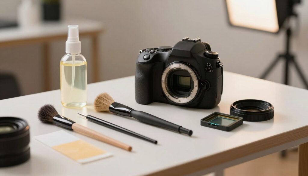 A well-organized camera cleaning kit laid out on a clean, stylish workbench. In the foreground, a soft brush, sensor cleaning swabs, and a bottle of cleaning solution positioned neatly, glistening under soft, diffused lighting. In the middle, a DSLR camera with its lens removed, exposing the sensor, showcasing the key cleaning tools in use, demonstrating precision and care. In the background, a blurred view of a well-lit photography studio, emphasizing a tidy and professional atmosphere. The image should evoke a sense of clarity and focus on the essential tools for camera maintenance, with warm and inviting colors enhancing the mood of safety and meticulousness.